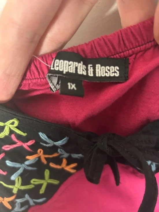 Leopards & Roses Red Sleeveless Midi Hippie Dress Pink Floral Boho Cotton 1X New - Picture 11 of 16